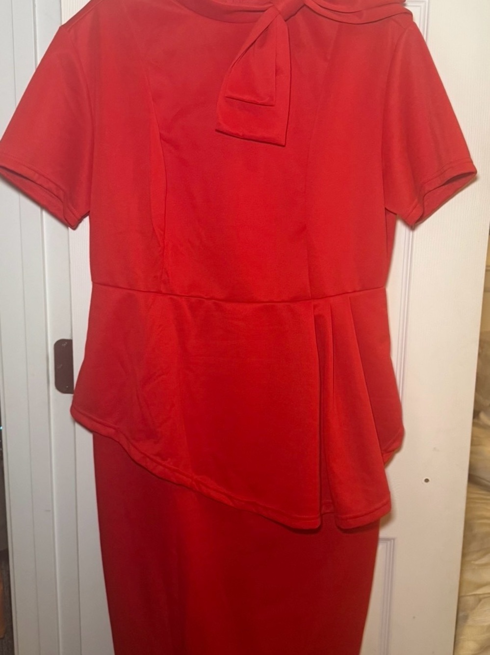 Red Short-Sleeve Peplum Dress with Bow Detail